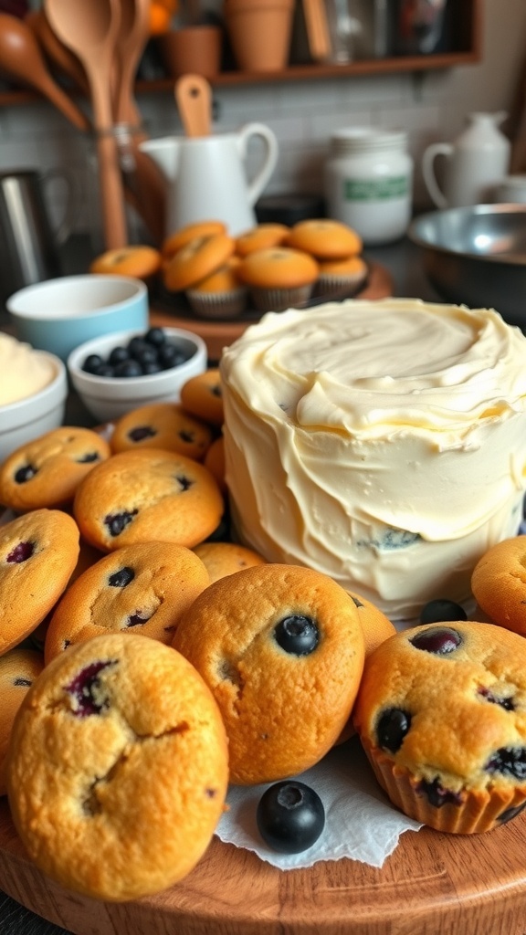 An assortment of baked goods including cookies, cake, and muffins on a rustic kitchen table.
